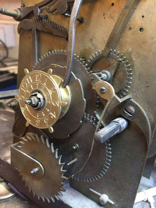 Longcase clock by John Hovil Rotherhithe - Missing alarm wheel replaced